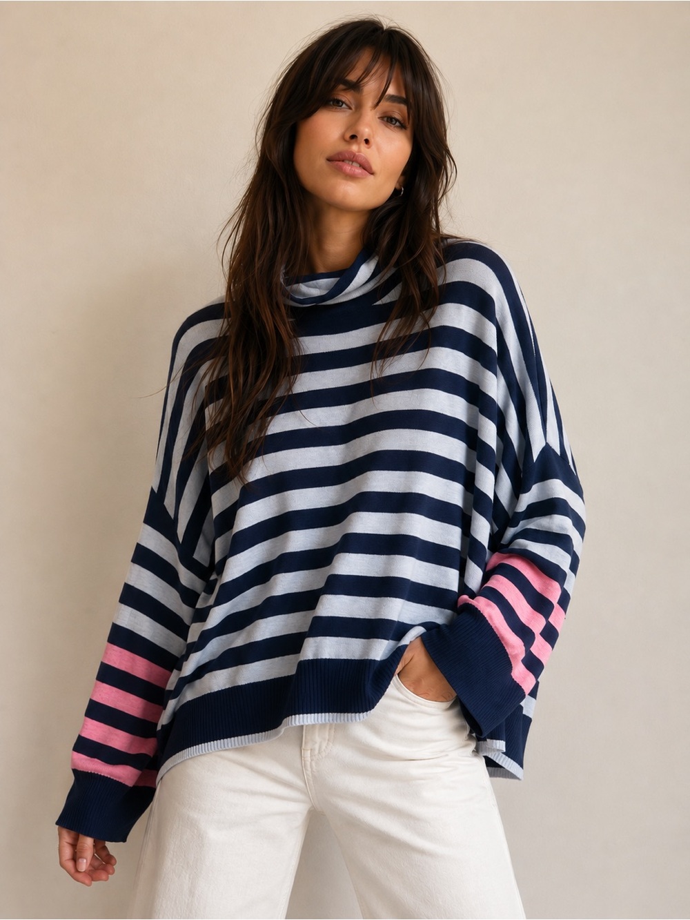 WISPR by Brodie Cashmere Striped Mock Neck Oversized Sweater Navy Blue Pink M
